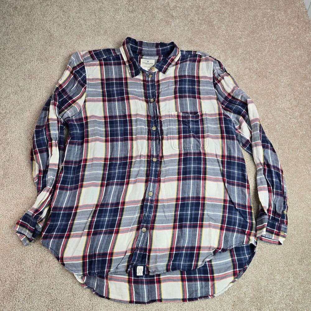 American Eagle Boyfriend Fit Plaid Flannel Shirt Navy Red XL